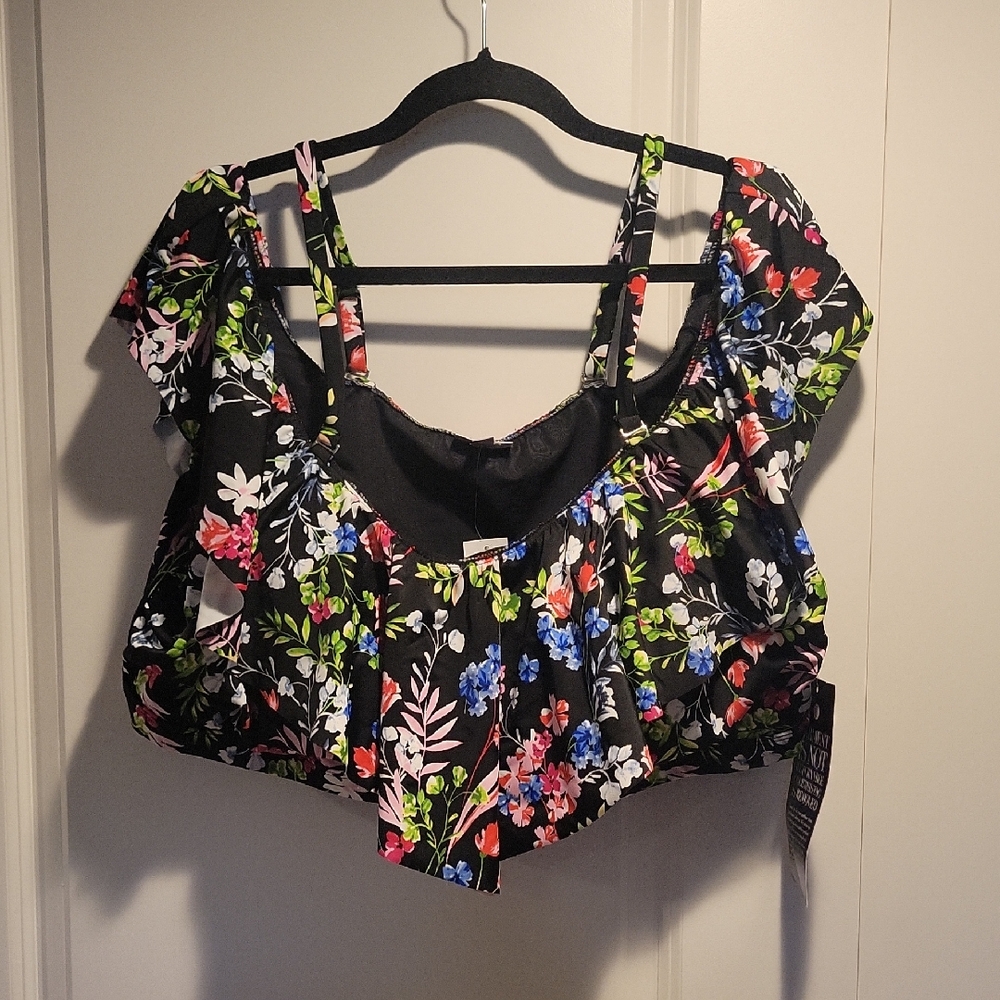Avenue Red and Pink Puff Sleeve Swim Top